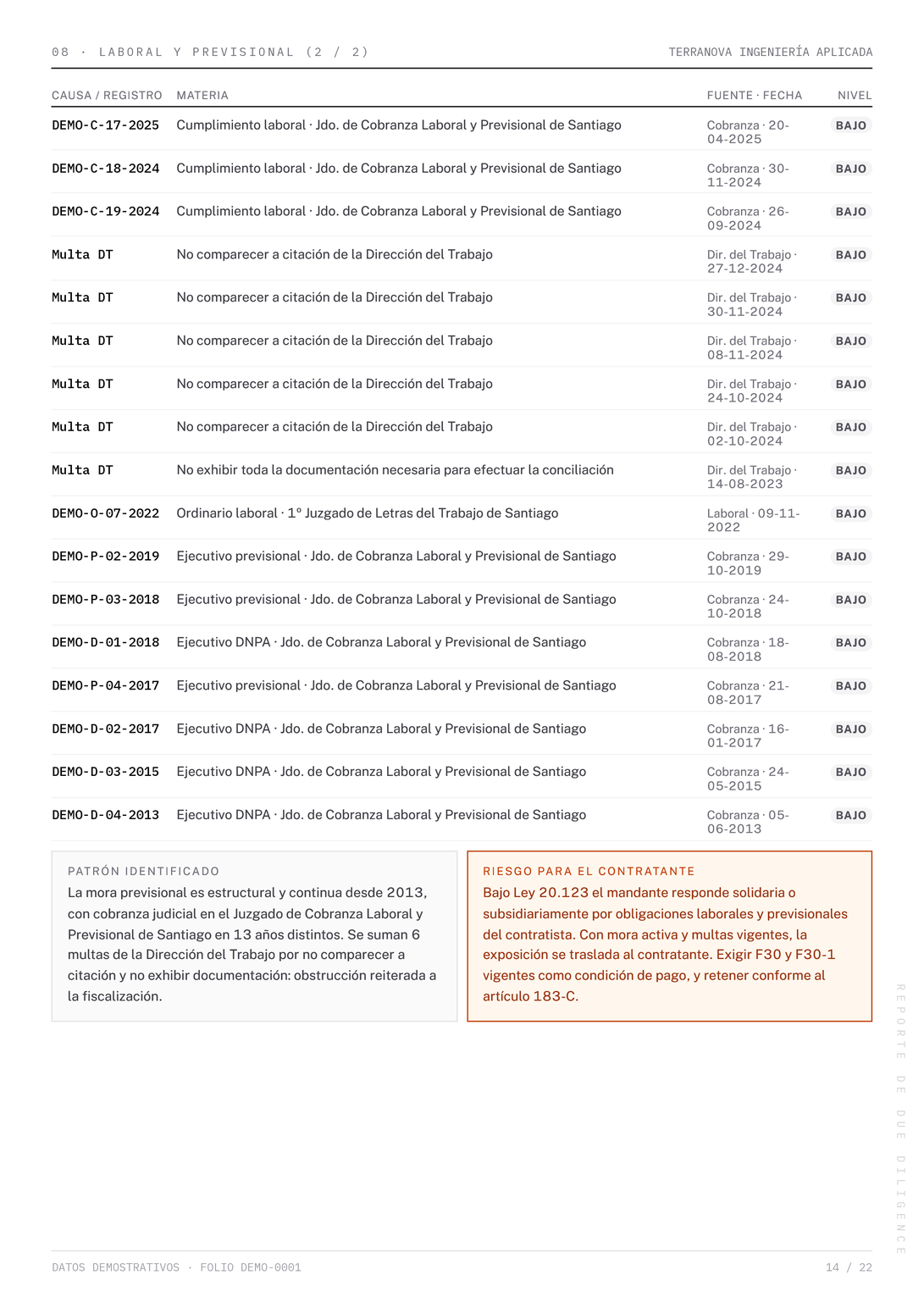 Página 14 del reporte Due Diligence de demostración
